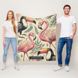 Vintage Flamingo and Toucan Seamless Fleece Blanket