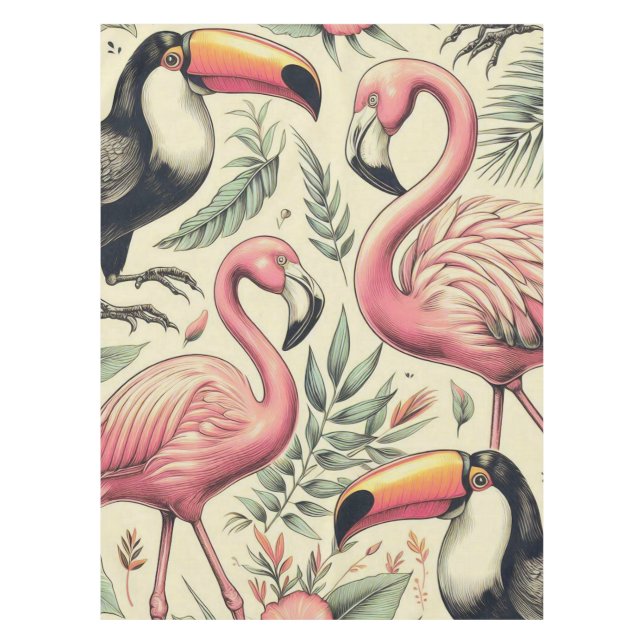 Vintage Flamingo and Toucan Seamless Tablecloth (Front)