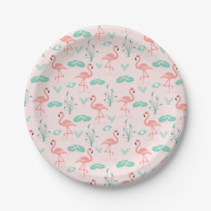 Vintage Flamingo and Water Lily Pattern Paper Plate