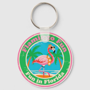 Vintage Flamingo Fun in Florida Beach Keychain