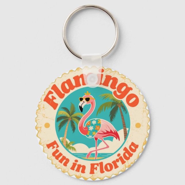 Vintage Flamingo Fun in Florida Beach Keychain (Front)