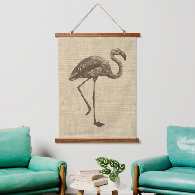 Vintage Flamingo Illustration on Burlap  Hanging Tapestry (Living Room)