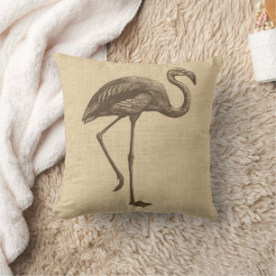 Vintage Flamingo Illustration on Burlap Throw Pillow