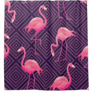 Vintage flamingos, purple geometric background.