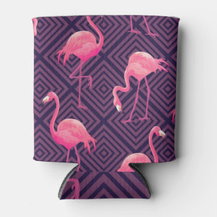Vintage flamingos, purple geometric background. can cooler