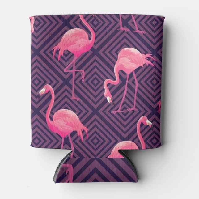 Vintage flamingos, purple geometric background. can cooler (Front)