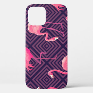 Vintage flamingos, purple geometric background. iPhone 12 case