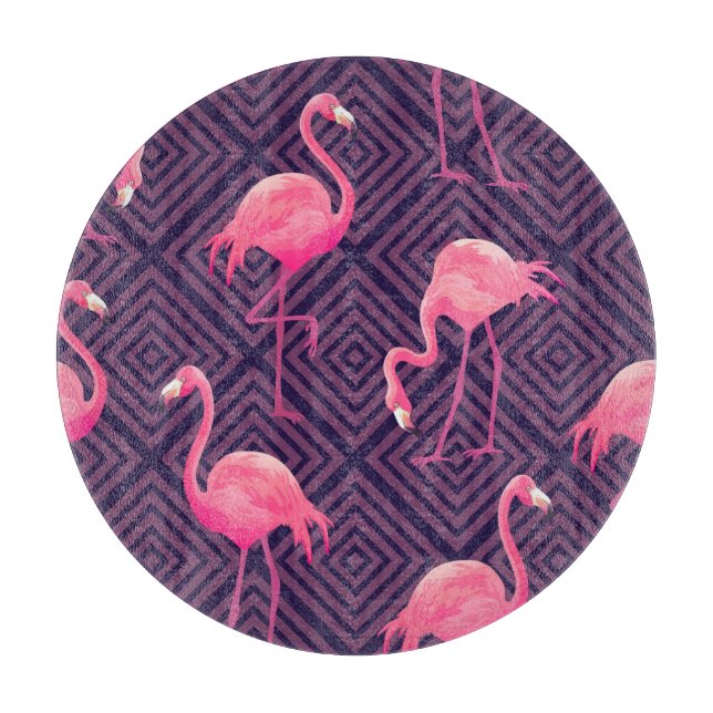 Vintage flamingos, purple geometric background. cutting board (Front)