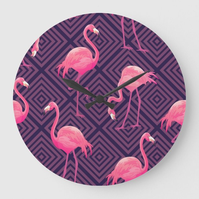Vintage flamingos, purple geometric background. large clock (Front)