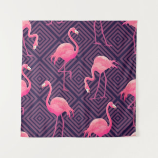Vintage flamingos, purple geometric background. tapestry