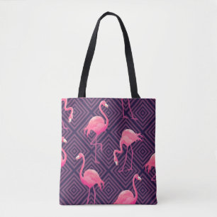 Vintage flamingos, purple geometric background. tote bag