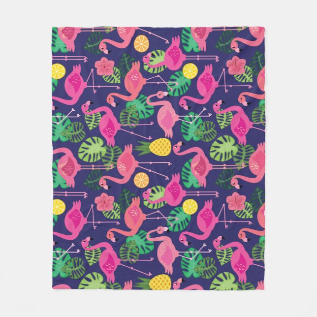 Vintage flamingos, summer elements pattern fleece blanket (Front)
