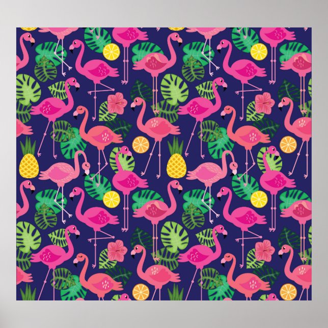 Vintage flamingos, summer elements pattern poster (Front)