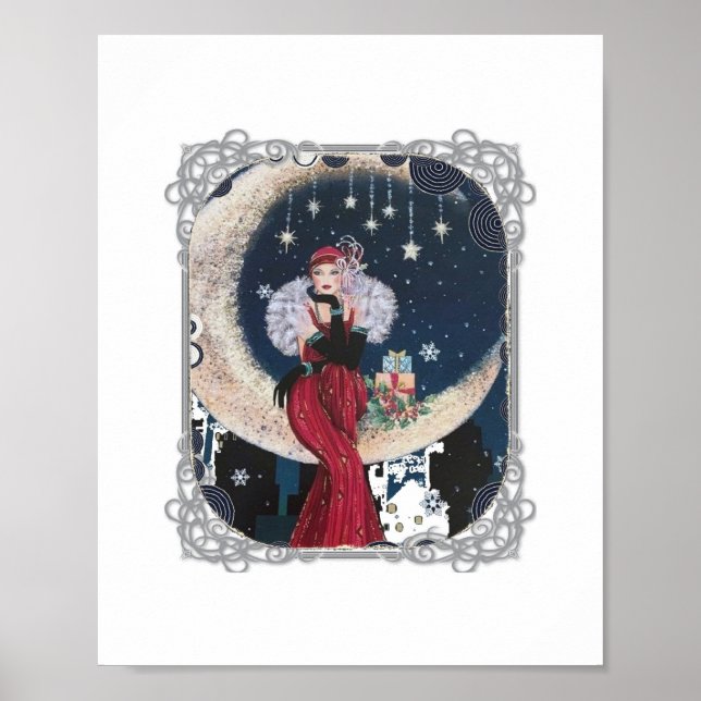 Vintage Flapper Woman on Crescent Moon Poster (Front)