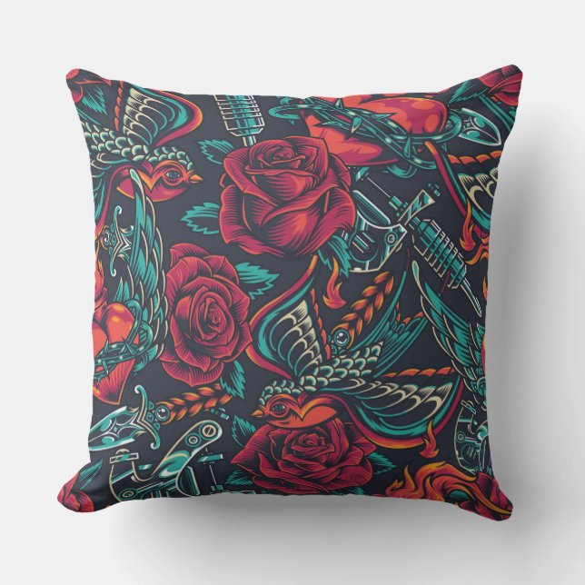 vintage flash tattoos  seamless pattern outdoor pillow (Front)