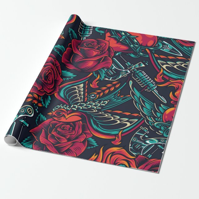 vintage flash tattoos  seamless pattern  wrapping paper (Unrolled)