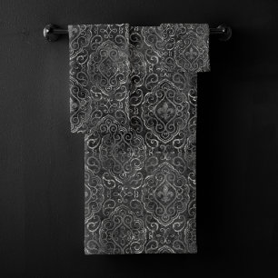 Vintage Fleur de Lis   Black Silver Grunge Damask