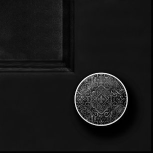 Vintage Fleur de Lis Black Silver Grunge Damask Ceramic Knob
