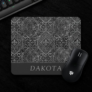 Vintage Fleur de Lis Black Silver Grunge Damask Mouse Pad
