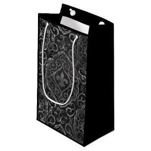 Vintage Fleur de Lis   Black Silver Grunge Damask Small Gift Bag