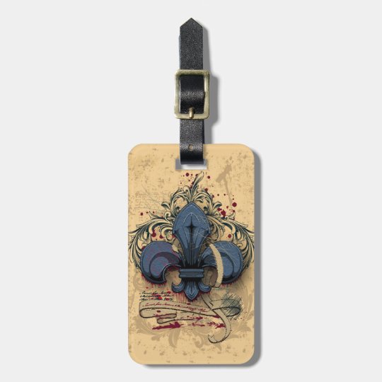Vintage fleur-de-lis blue metal grunge effects bag tag
