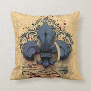 Vintage fleur-de-lis blue metal grunge effects throw pillow