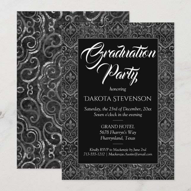 Vintage Fleur de Lis Damask | Grunge Graduation Invitation (Front/Back)