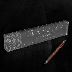 Vintage Fleur de Lis Grunge Damask Branding Nameplate