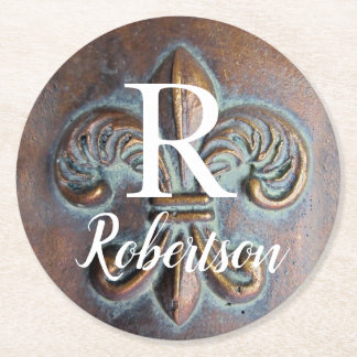 Vintage Fleur De Lis Monogram Initial Round Paper Coaster