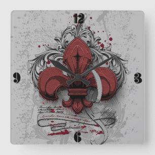 Vintage fleur-de-lis red metal grunge effects square wall clock
