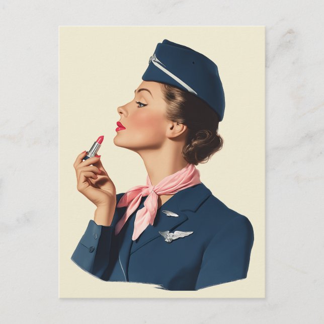 Vintage Flight Attendant Applying Lipstick Postcard (Front)