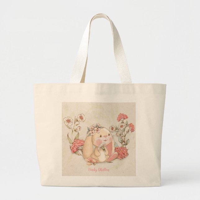 Vintage Floppy Bunny Floral Large Tote Bag (Front)
