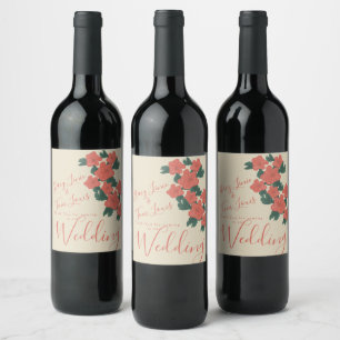 Vintage Flora Pink Coral Botanical Wedding Wine Label