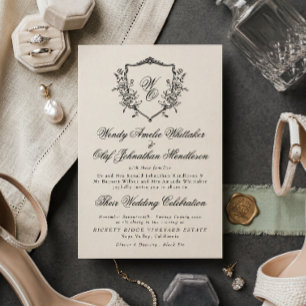 Vintage Flora Wreath Cream & Back Monogram Wedding Invitation