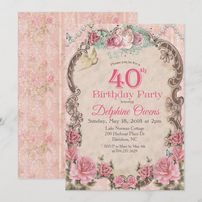 Vintage Floral 40th Birthday Invitation (Front/Back)