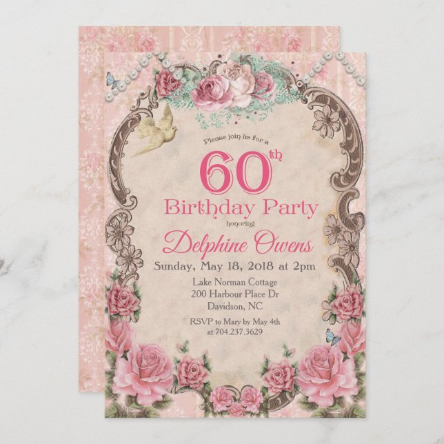 Vintage Floral 60th Birthday Invitation (Front/Back)