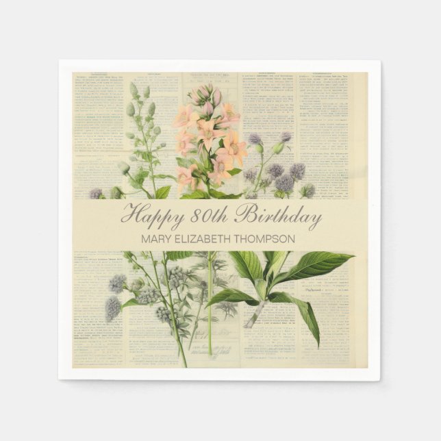 Vintage Floral 80th Birthday Napkin (Front)