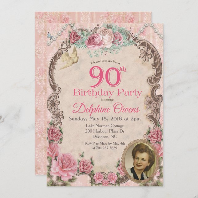 Vintage Floral 90e anniversaire Invitation (Devant / Derrière)