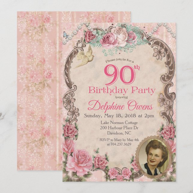 Vintage Floral 90th Birthday Invitation (Front/Back)