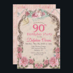 Vintage Floral 90th Birthday Invitation<br><div class="desc">Vintage Floral 90th Birthday Invitation Romantic Floral Tea Party Pearls</div>