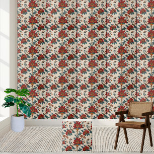 Vintage Floral and Bird Pattern Chinoiserie Tile
