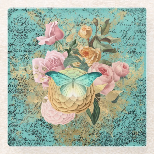 Vintage Floral and Butterfly Bouquet Glass Coaster (Front)
