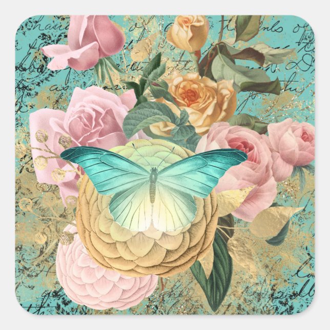 Vintage Floral and Butterfly Bouquet Square Sticker (Front)