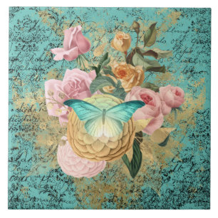 Vintage Floral and Butterfly Bouquet Tile