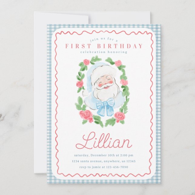 Vintage Floral and Gingham Santa Birthday Invitation (Front)