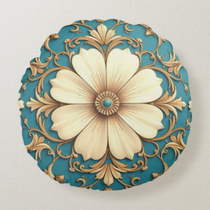 Vintage Floral And Gold Trim Round Pillow