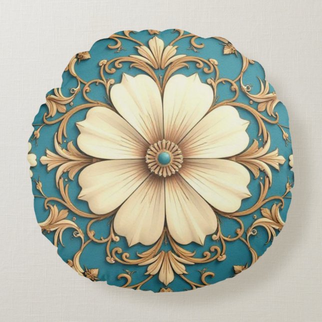 Vintage Floral And Gold Trim Round Pillow (Front)