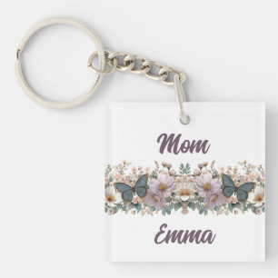 Vintage Floral and Green Butterfly for Mom Keychain