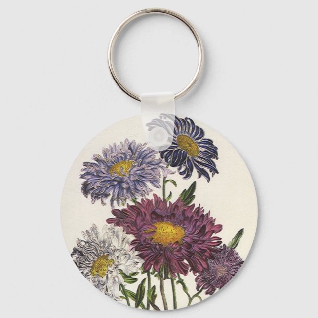 Vintage Floral, Antique Purple Aster Flowers Keychain (Front)