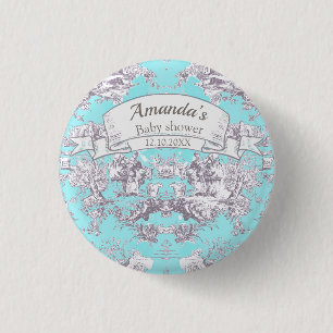 Vintage floral aqua blue toile de jouy monogram 1 inch round button